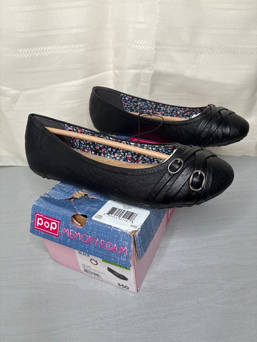 POP Nelly Double Buckle Ballet Flats Black Womens Size 10 Wide